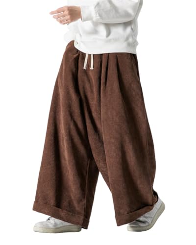 ORANDESIGNE Herren Baggy Cordhose Ausgebeult Cord Jogginghose Lässig Lose Leicht Elastische Taille Haremshose Männer Loose Hip Hop Staight Jogger Hose D Braun XXL von ORANDESIGNE