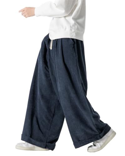 ORANDESIGNE Herren Baggy Cordhose Ausgebeult Cord Jogginghose Lässig Lose Leicht Elastische Taille Haremshose Männer Loose Hip Hop Staight Jogger Hose D Dunkelblau XL von ORANDESIGNE
