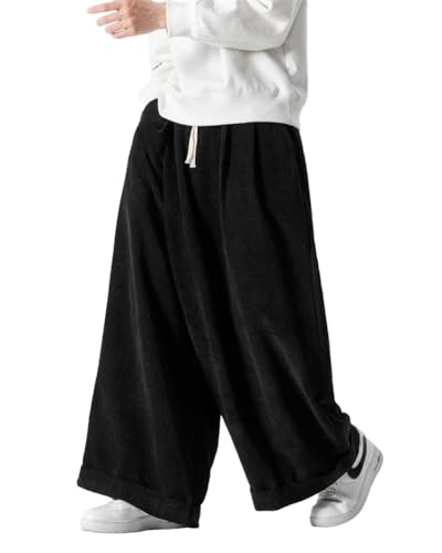 ORANDESIGNE Herren Baggy Cordhose Ausgebeult Cord Jogginghose Lässig Lose Leicht Elastische Taille Haremshose Männer Loose Hip Hop Staight Jogger Hose D Schwarz 3XL von ORANDESIGNE