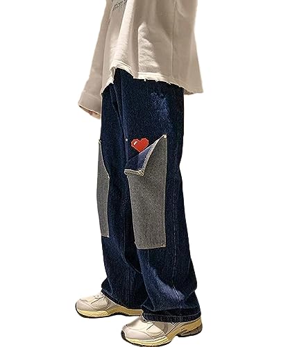 ORANDESIGNE Herren Baggy Jeans Y2K Jeanshose Vintage Bedruckt Denim Hosen Men Hip Hop Streetwear Hose Teenager Jungen Straight Leg Skateboard Jeans C Dunkelblau M von ORANDESIGNE