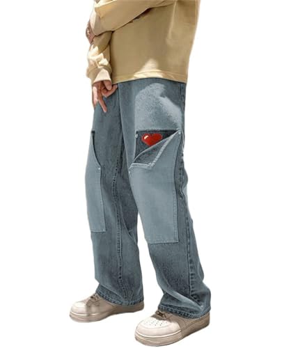 ORANDESIGNE Herren Baggy Jeans Y2K Jeanshose Vintage Bedruckt Denim Hosen Men Hip Hop Streetwear Hose Teenager Jungen Straight Leg Skateboard Jeans C Hellblau XL von ORANDESIGNE