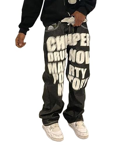 ORANDESIGNE Herren Baggy Jeans Y2K Jeanshose Vintage Bedruckt Denim Hosen Men Hip Hop Streetwear Hose Teenager Jungen Straight Leg Skateboard Jeans H Schwarz XL von ORANDESIGNE