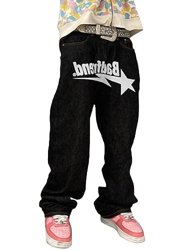 ORANDESIGNE Herren Baggy Jeans Y2K Jeanshose Vintage Bedruckt Denim Hosen Hip Hop Streetwear Hose Straight Leg Skateboard Jeans I Weiß XS von ORANDESIGNE