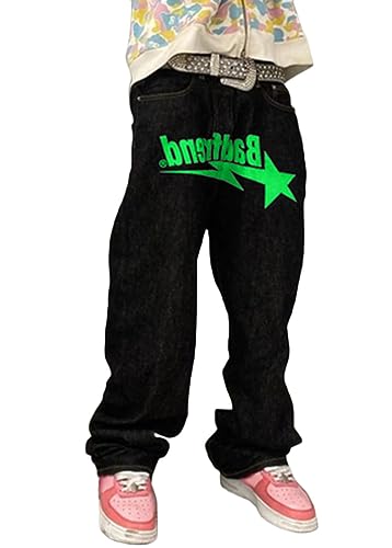 ORANDESIGNE Herren Baggy Jeans Y2K Jeanshose Vintage Bedruckt Denim Hosen Men Hip Hop Streetwear Hose Teenager Jungen Straight Leg Skateboard Jeans I Grün M von ORANDESIGNE