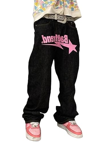 ORANDESIGNE Herren Baggy Jeans Y2K Jeanshose Vintage Bedruckt Denim Hosen Men Hip Hop Streetwear Hose Teenager Jungen Straight Leg Skateboard Jeans I Rosa XL von ORANDESIGNE