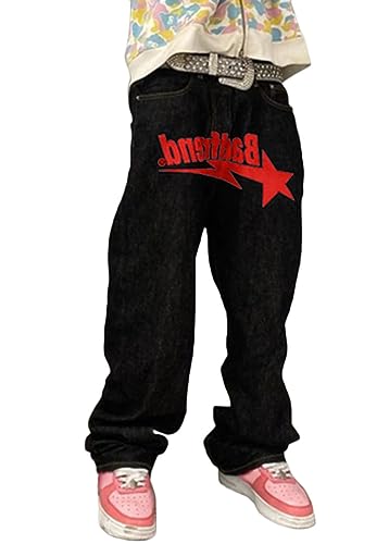 ORANDESIGNE Herren Baggy Jeans Y2K Jeanshose Vintage Bedruckt Denim Hosen Men Hip Hop Streetwear Hose Teenager Jungen Straight Leg Skateboard Jeans I Rot 3XL von ORANDESIGNE