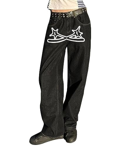 ORANDESIGNE Herren Baggy Jeans Y2K Jeanshose Vintage Bedruckt Denim Hosen Men Hip Hop Streetwear Hose Teenager Jungen Straight Leg Skateboard Jeans J Weiß L von ORANDESIGNE