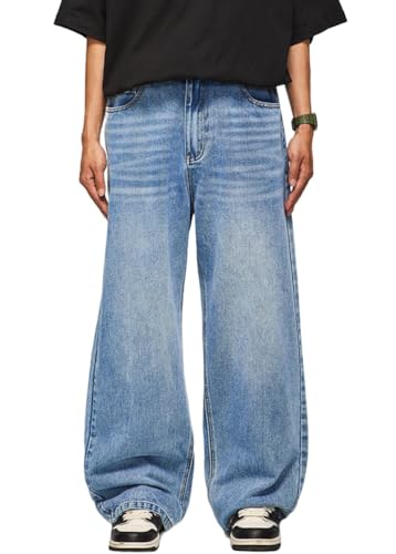 ORANDESIGNE Herren Baggy Jeans Y2K Jeanshose Vintage Bedruckt Denim Hosen Men Hip Hop Streetwear Hose Teenager Jungen Straight Leg Skateboard Jeans Q Hellblau M von ORANDESIGNE