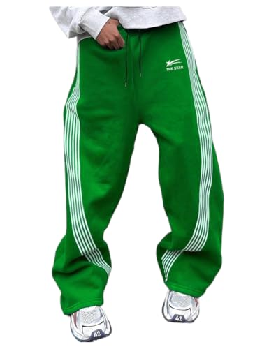 ORANDESIGNE Herren Baggy Jogginghose mit Weitem Bein Y2k Teenager Junge Seitenstreifen Trainingshose mit Kordelzug und Taschen A Grün L von ORANDESIGNE