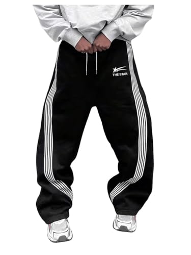 ORANDESIGNE Herren Baggy Jogginghose mit Weitem Bein Y2k Teenager Junge Seitenstreifen Trainingshose mit Kordelzug und Taschen A Schwarz M von ORANDESIGNE