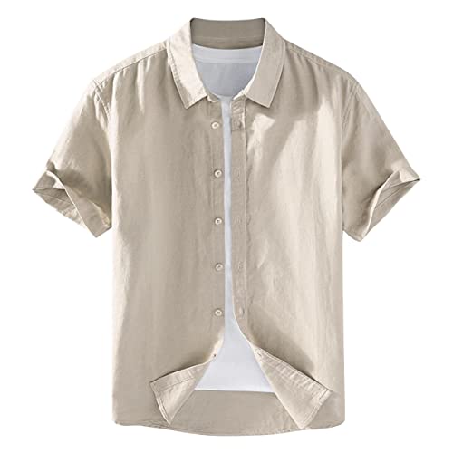 ORANDESIGNE Herren Baumwolle Leinenhemd Sommer Einfarbig Hemd mit Angeknöpften Enden Kurzarm Regular Fit Freizeithemd Shirts C Beige XS von ORANDESIGNE