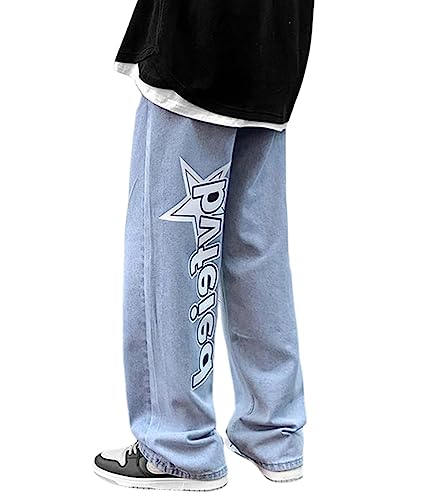 ORANDESIGNE Herren Blau Hip Hop Jeans Baggy Jeans Straight Leg Gewaschen Jeanshose Casual Denim Hosen Vintage Bedruckte Jeans Teenager Jungen Skateboard Hose Streetwear ZI XS von ORANDESIGNE