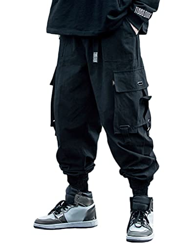 ORANDESIGNE Herren Cargohose Arbeit Kampf Techwear Hose D Schwarz mit Taschen Jogginghose Hip Hop Jogger Hosen L von ORANDESIGNE