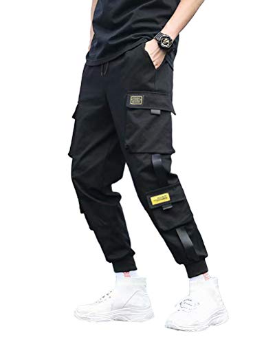 ORANDESIGNE Herren Cargohose Arbeit Kampf Techwear Hose Hip Hop Mehrere Taschen Tapered Hosen Schnalle Riemen Jogginghose Freizeit Hose D Schwarz L von ORANDESIGNE