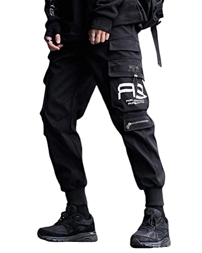 ORANDESIGNE Herren Cargohose Arbeit Kampf Techwear Hose Hip Hop Mehrere Taschen Tapered Hosen Schnalle Riemen Jogginghose Freizeit Hose G Schwarz S von ORANDESIGNE