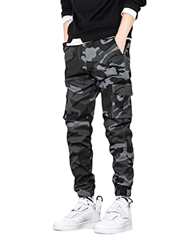 ORANDESIGNE Herren Cargohose Arbeit Kampf Techwear Hose Hip Hop Mehrere Taschen Tapered Hosen Schnalle Riemen Jogginghose Freizeit Hose J Grau L von ORANDESIGNE