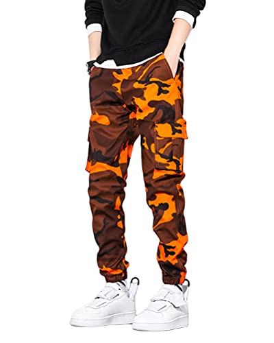 ORANDESIGNE Herren Cargohose Arbeit Kampf Techwear Hose Hip Hop Mehrere Taschen Tapered Hosen Schnalle Riemen Jogginghose Freizeit Hose J Orange XL von ORANDESIGNE