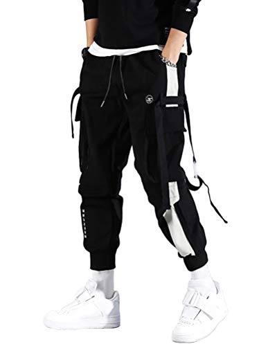 ORANDESIGNE Herren Cargohose Arbeit Kampf Techwear Hose Hip Hop Mehrere Taschen Tapered Hosen Schnalle Riemen Jogginghose Freizeit Hose M E Schwarz von ORANDESIGNE