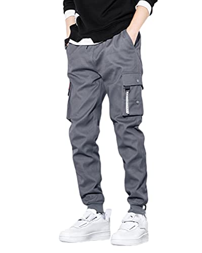 ORANDESIGNE Herren Cargohose Arbeit Kampf Techwear Hose Hip Hop Mehrere Taschen Tapered Hosen Schnalle Riemen Jogginghose Sweatpants F Grau S von ORANDESIGNE