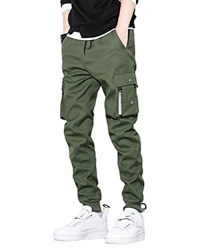 ORANDESIGNE Herren Cargohose Arbeit Kampf Techwear Hose Hip Hop Mehrere Taschen Tapered Hosen Schnalle Riemen Jogginghose Sweatpants F Grün L von ORANDESIGNE