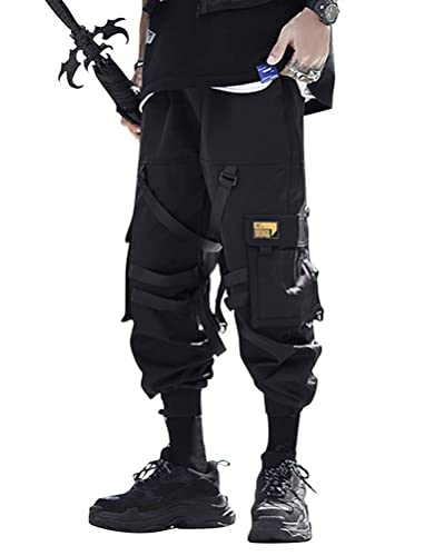 ORANDESIGNE Herren Cargohose Arbeit Kampfhosen Techwear Hose Jogginghose Hip Hop Jogger Hosen Punkhosen mit Mehreren Taschen O Schwarz L von ORANDESIGNE