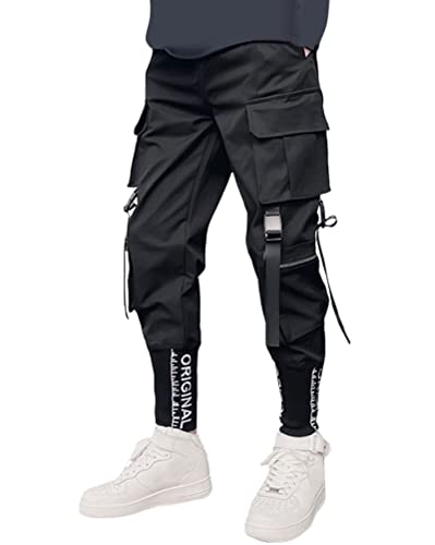 ORANDESIGNE Herren Cargohose Arbeit Kampfhosen Techwear Hose Jogginghose Hip Hop Jogger Hosen Punkhosen mit Mehreren Taschen P Schwarz M von ORANDESIGNE
