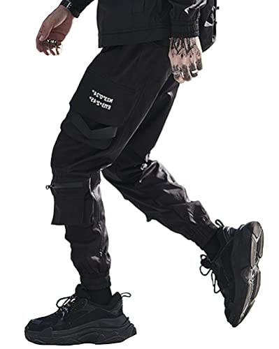 ORANDESIGNE Herren Cargohose Arbeit Kampfhosen Techwear Hose Jogginghose Hip Hop Jogger Hosen Punkhosen mit Mehreren Taschen Q Schwarz XL von ORANDESIGNE