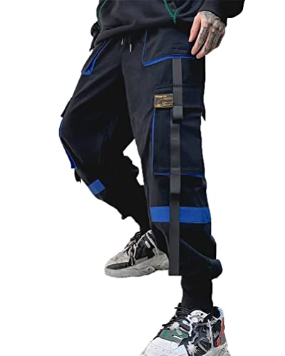 ORANDESIGNE Herren Cargohose Arbeit Kampfhosen Techwear Hose mit Taschen Jogginghose Hip Hop Jogger Hosen Punkhose mit Mehreren Taschen K Schwarz Blau M von ORANDESIGNE