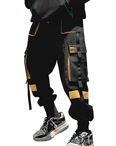 ORANDESIGNE Herren Cargohose Arbeit Kampfhosen Techwear Hose mit Taschen Jogginghose Hip Hop Jogger Hosen Punkhose mit Mehreren Taschen K Schwarz Gelb L von ORANDESIGNE
