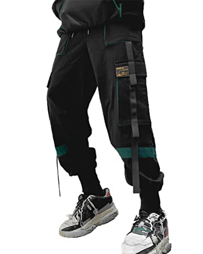 ORANDESIGNE Herren Cargohose Arbeit Kampfhosen Techwear Hose mit Taschen Jogginghose Hip Hop Jogger Hosen Punkhose mit Mehreren Taschen K Schwarz Grün L von ORANDESIGNE