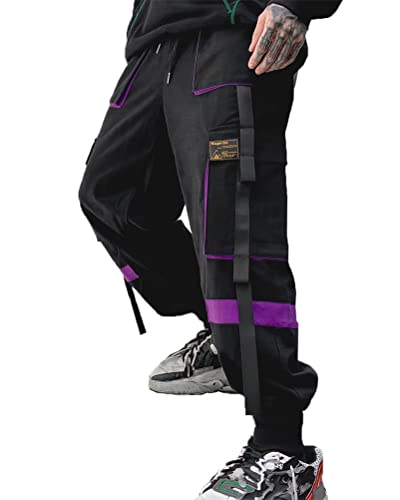 ORANDESIGNE Herren Cargohose Arbeit Kampfhosen Techwear Hose Jogginghose Hip Hop Jogger Hosen Punkhosen mit Mehreren Taschen K Violett XS von ORANDESIGNE