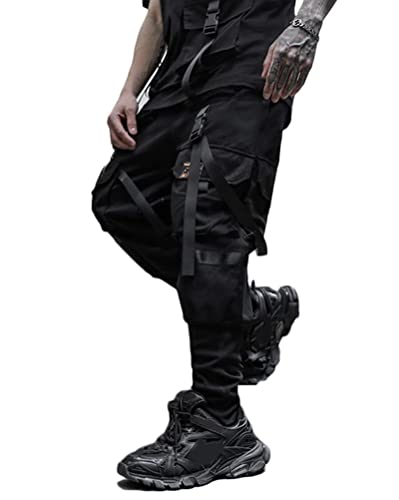 ORANDESIGNE Herren Cargohose Arbeit Kampfhosen Techwear Hose mit Taschen Jogginghose Hip Hop Jogger Hosen Punkhose mit Mehreren Taschen T Schwarz M von ORANDESIGNE