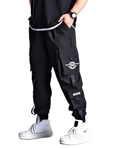 ORANDESIGNE Herren Cargohose Arbeit Kampfhosen Techwear Hose Jogginghose Hip Hop Jogger Hosen Punkhosen mit Mehreren Taschen Y Schwarz XL von ORANDESIGNE