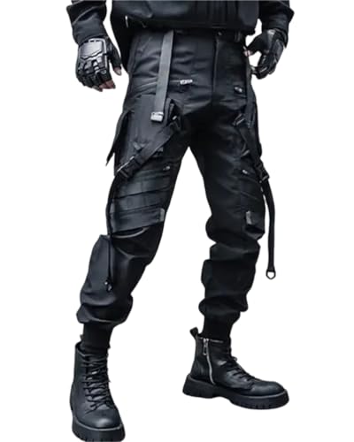 ORANDESIGNE Herren Cargohose Arbeit Kampfhosen Techwear Hose Jogginghose Hip Hop Jogger Hosen Punkhosen mit Mehreren Taschen Z8 Schwarz XXL von ORANDESIGNE