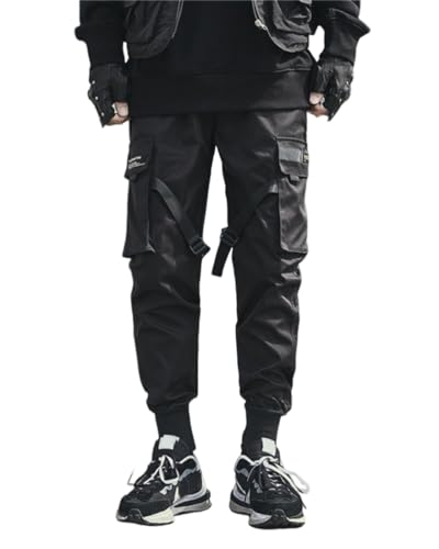 ORANDESIGNE Herren Cargohose Arbeit Kampfhosen Techwear Hose Jogginghose Hip Hop Jogger Hosen Punkhosen mit Mehreren Taschen Z9 Schwarz 3XL von ORANDESIGNE