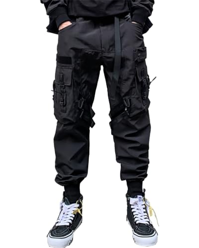 ORANDESIGNE Herren Cargohose Arbeit Kampfhosen Techwear Hose Jogginghose Hip Hop Jogger Hosen Punkhosen mit Mehreren Taschen Z10 Schwarz M von ORANDESIGNE