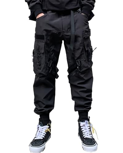 ORANDESIGNE Herren Cargohose Arbeit Kampfhosen Techwear Hose mit Taschen Jogginghose Hip Hop Jogger Hosen Punkhosen mit Mehreren Taschen Z10 Schwarz XL von ORANDESIGNE