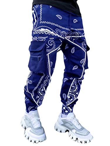 ORANDESIGNE Herren Cargohose Paisley Sporthose Trainingshose Biker Hose mit Taschen Lange Regular Fit Cargo Hose Freizeithose Outdoorhose Harem Hose Dunkelblau XL von ORANDESIGNE