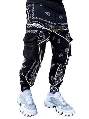 ORANDESIGNE Herren Cargohose Paisley Sporthose Trainingshose Biker Hose mit Taschen Lange Regular Fit Cargo Hose Freizeithose Outdoorhose Harem Hose Schwarz M von ORANDESIGNE