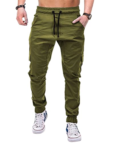 ORANDESIGNE Herren Cargohose Regular Fit Einfarbig Arbeitshose Chino Hose Freizeithose mit Taschen Straight Jogginghose mit Kordelzug Outdoor Combat Arbeitshose für Männer Streetwear C Armeegrün L von ORANDESIGNE