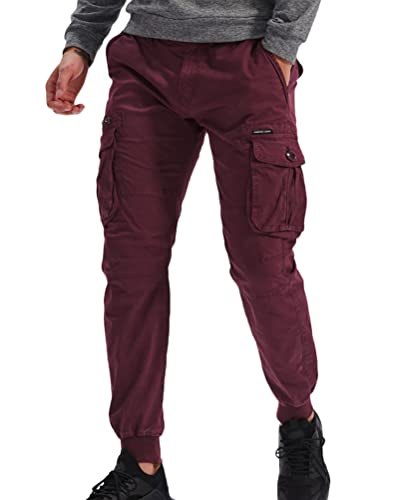 ORANDESIGNE Herren Cargohose aus Baumwolle mit 6 Taschen Lange Regular Fit Cargo Chino Hose Baumwollhose Chinohose Freizeithose Stoffhose aus Stretch Material für Männer A Weinrot M von ORANDESIGNE