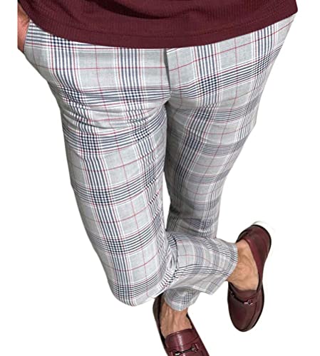 ORANDESIGNE Herren Chino Hose Klassische Karierte Stoffhose Slim Fit Business Hosen Streifen Plaid Konisch Zulaufende Hosen Voller Freizeithose Anzughose B Rot L von ORANDESIGNE