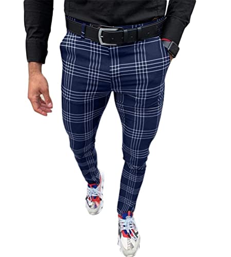 ORANDESIGNE Herren Chino Hose Klassische Karierte Stoffhose Slim Fit Business Hosen Streifen Plaid Konisch Zulaufende Hosen Voller Freizeithose Anzughose D Dunkelblau XS von ORANDESIGNE