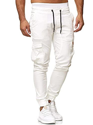 ORANDESIGNE Herren Chino Jeans Cargo Freizeit Casual Regular Fit Sport Elastische Taille Hose B Weiß M von ORANDESIGNE