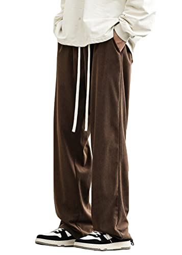 ORANDESIGNE Herren Cordhose mit Weitem Bein Freizeithosen Cord Hose Männer mit Tasche Kordelzug Elastische Taille Corduroy Hose Straight Baggy Hose Warme Winter Fleece Hosen BA Braun L von ORANDESIGNE