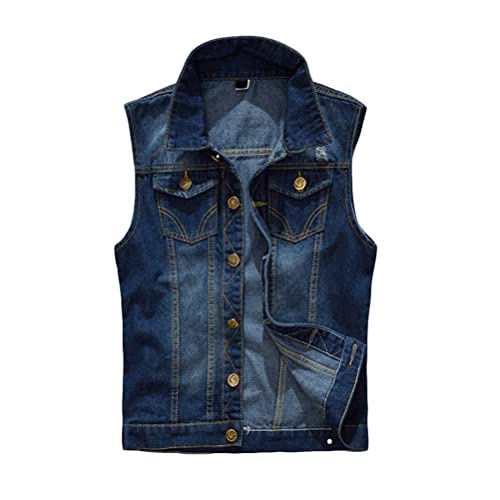 ORANDESIGNE Herren Denim Weste Mode Casual Zerrissene Jeansweste Freizeit Männer Weste Blau Basics schmale Jeansmantel Motorradjacke Punkjacke B Dunkelblau M von ORANDESIGNE