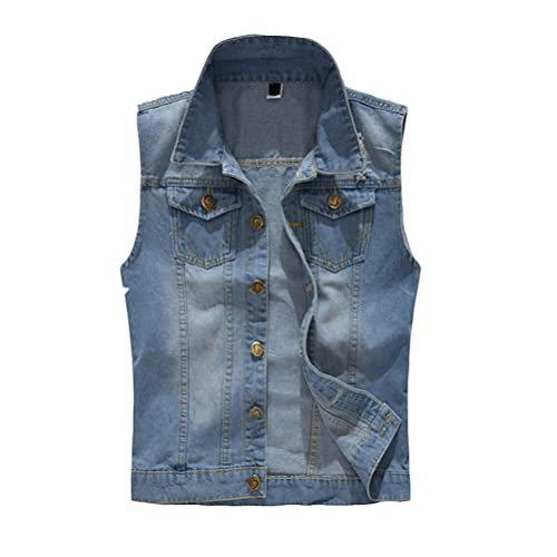 ORANDESIGNE Herren Denim Weste Mode Casual Zerrissene Jeansweste Freizeit Männer Weste Blau Basics schmale Jeansmantel Motorradjacke Punkjacke B Hellblau XXL von ORANDESIGNE
