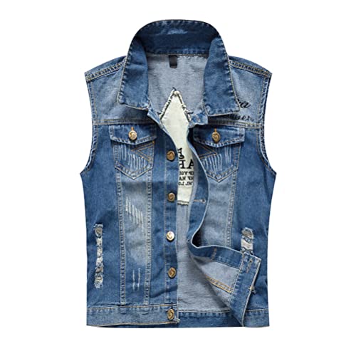 ORANDESIGNE Herren Denim Weste Mode Casual Zerrissene Jeansweste Freizeit Männer Weste Blau Basics schmale Jeansmantel Motorradjacke Punkjacke D Hellblau 3XL von ORANDESIGNE