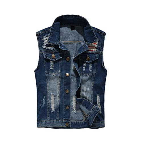 ORANDESIGNE Herren Denim Weste Mode Casual Zerrissene Jeansweste Freizeit Männer Weste Blau Basics schmale Jeansmantel Motorradjacke Punkjacke E Blau S von ORANDESIGNE