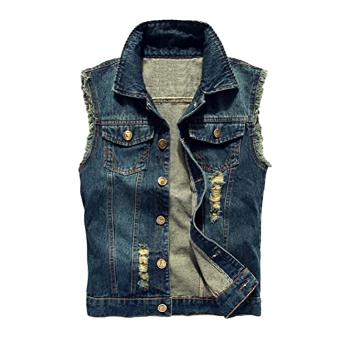 ORANDESIGNE Herren Denim Weste Mode Casual Zerrissene Jeansweste Freizeit Männer Weste Blau Basics schmale Jeansmantel Motorradjacke Punkjacke F Dunkelblau XXL von ORANDESIGNE